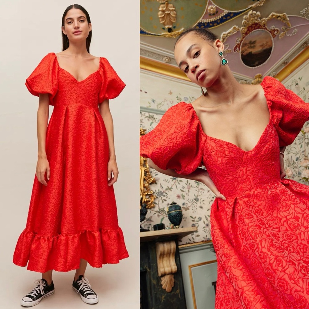 NWT Sister Jane Grandma Rose Jacquard Puff Sleeve Midi Dress Red